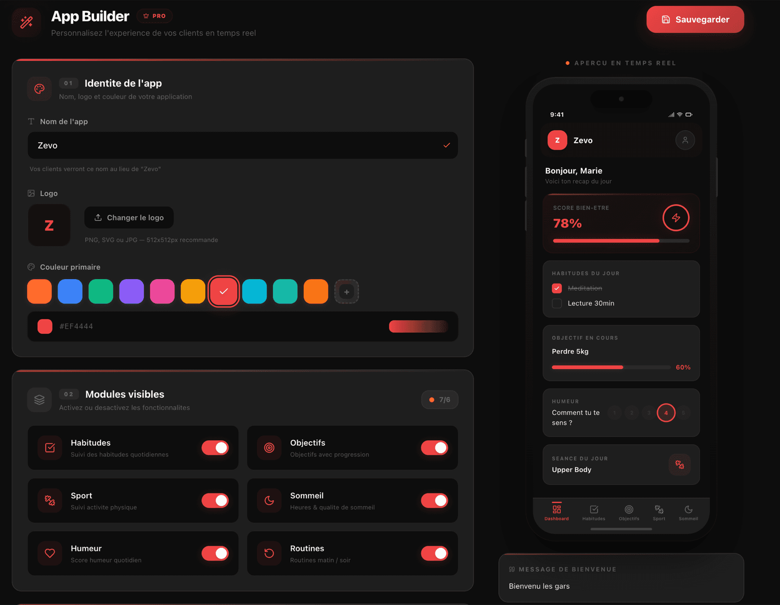 App Builder Zevo — personnalisation complète white-label