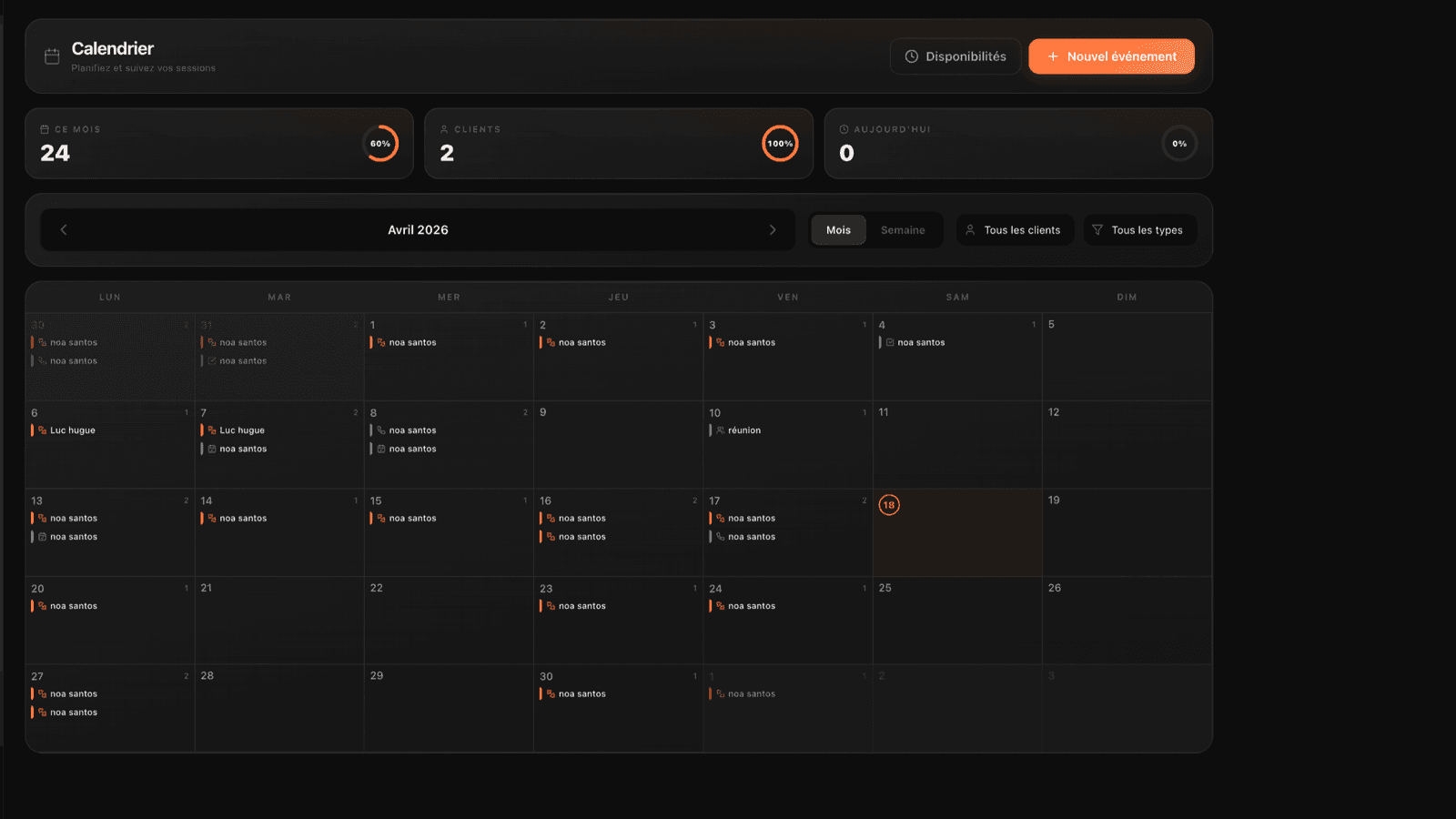 Calendrier Zevo avec planning mensuel et séances déployées
