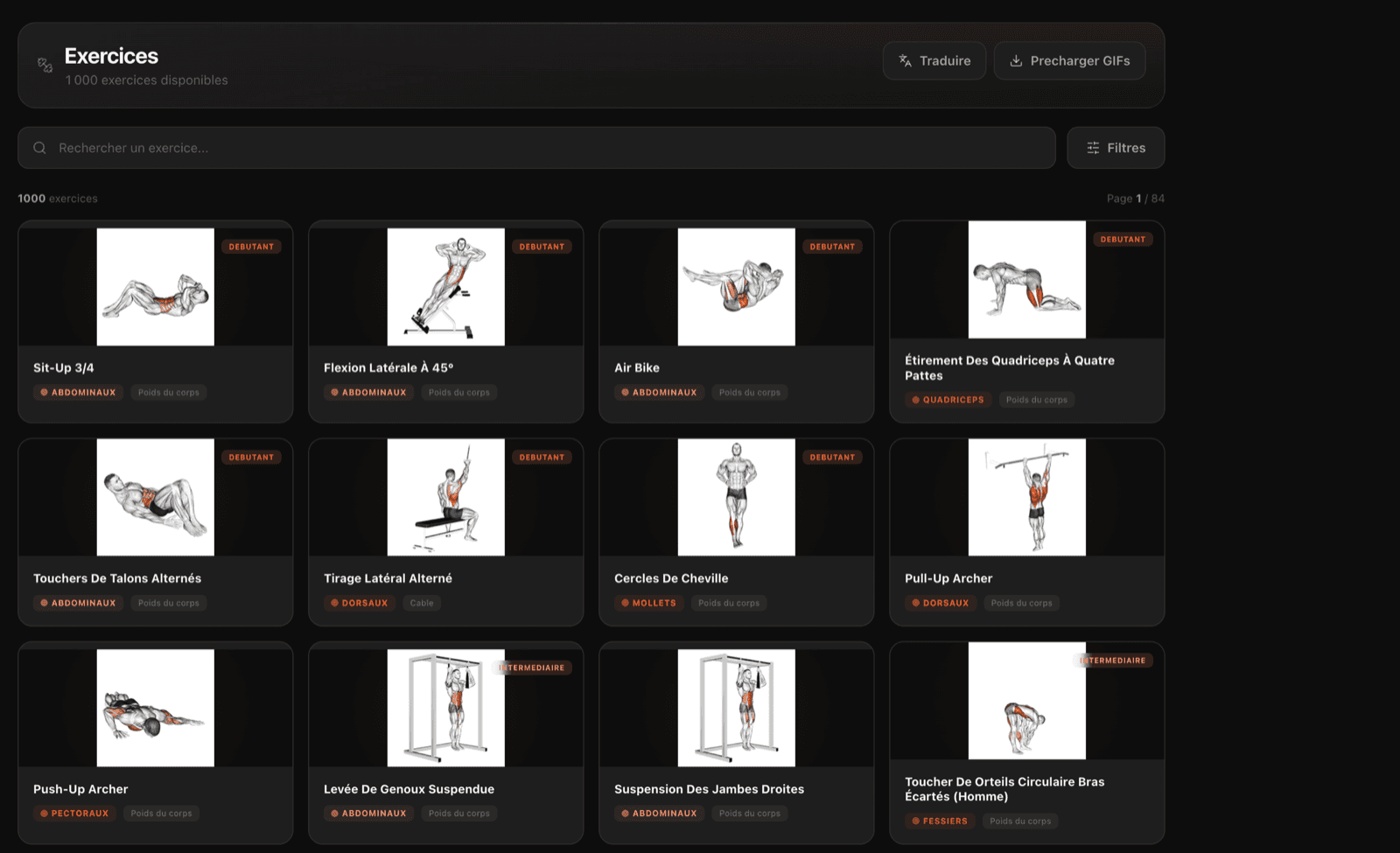 Bibliothèque d'exercices Zevo avec 1500+ GIFs animés