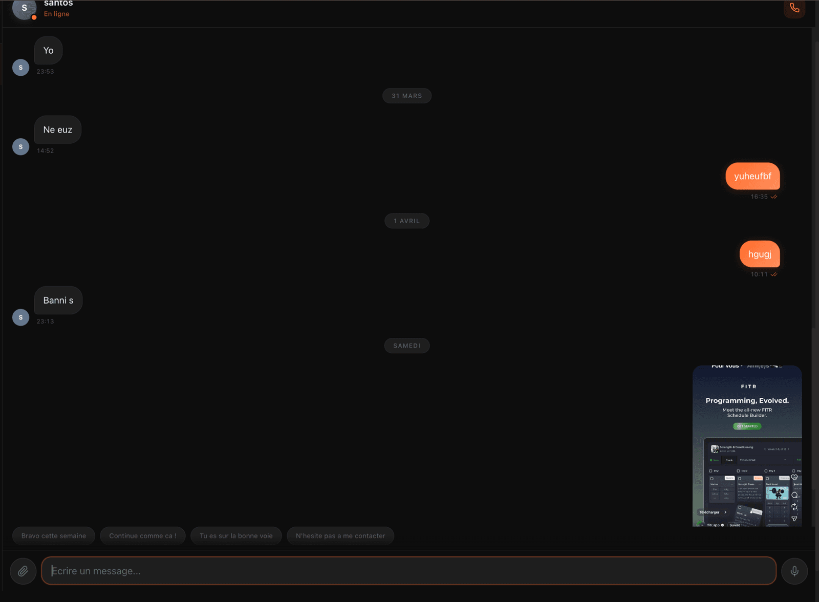 Messagerie intégrée Zevo avec chat coach-client