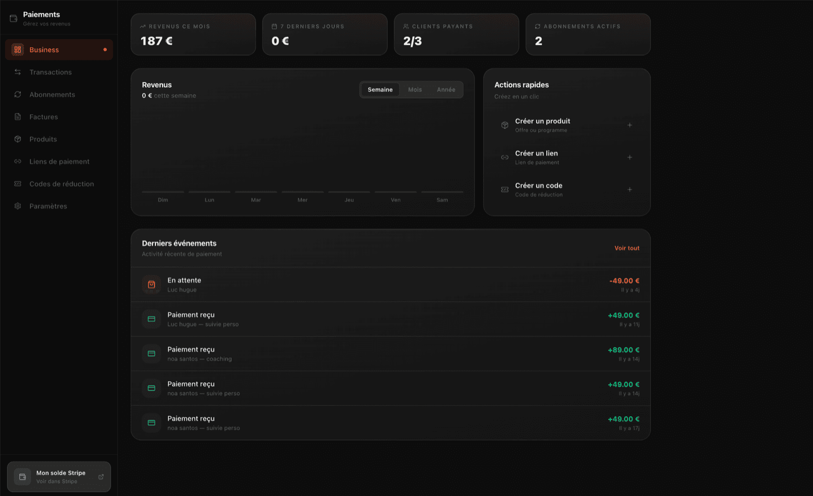 Tableau de bord Paiements Zevo avec intégration Stripe