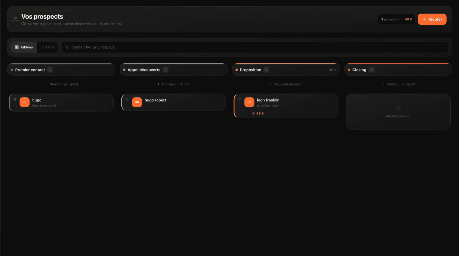 Pipeline Kanban CRM prospects Zevo avec 4 colonnes